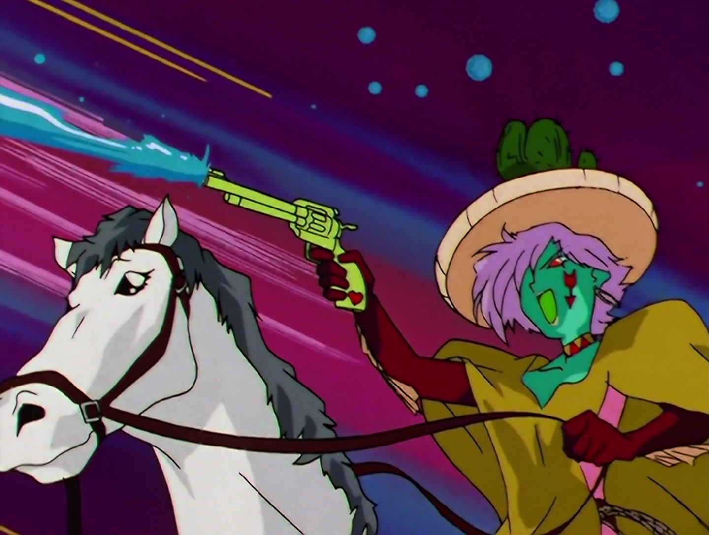U-Estern is now riding a white horse, and firing a green pistol that shoots blue liquid.